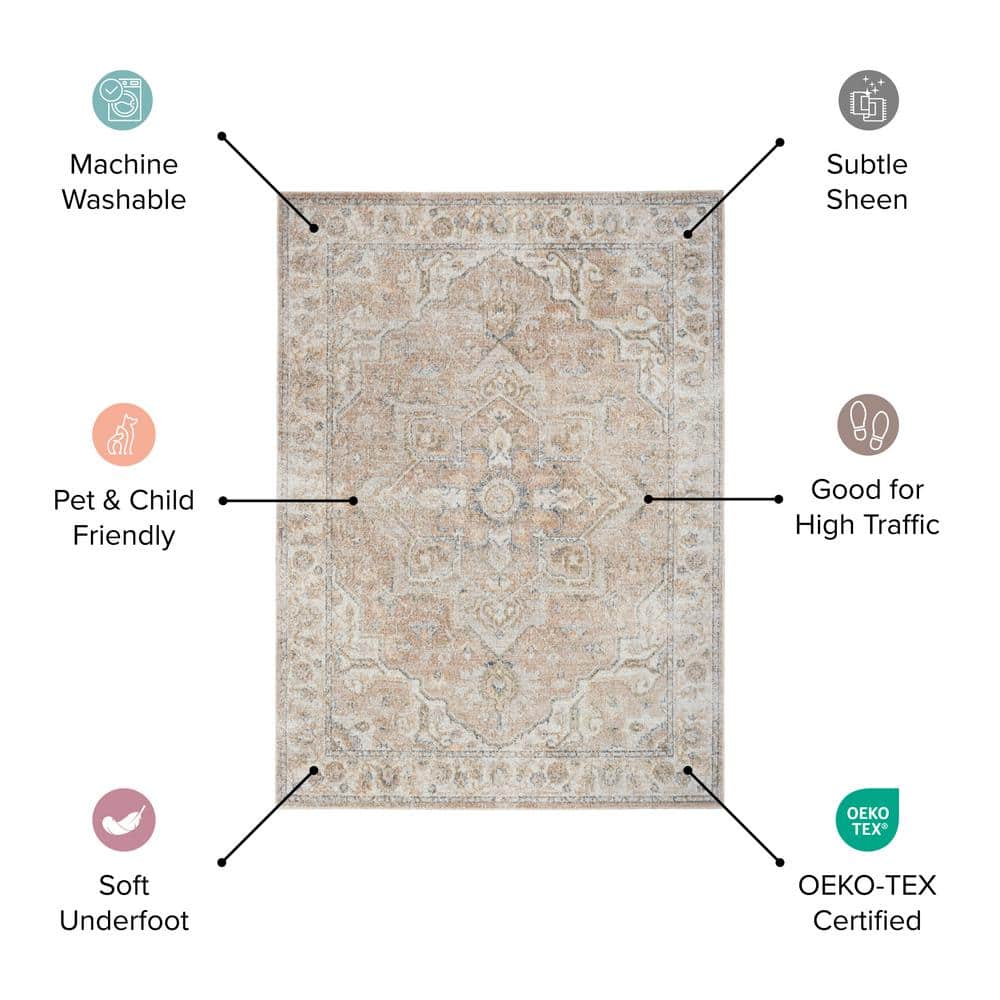 Ivory Green Synthetic Medallion 3'3" x 5' Machine Washable Area Rug