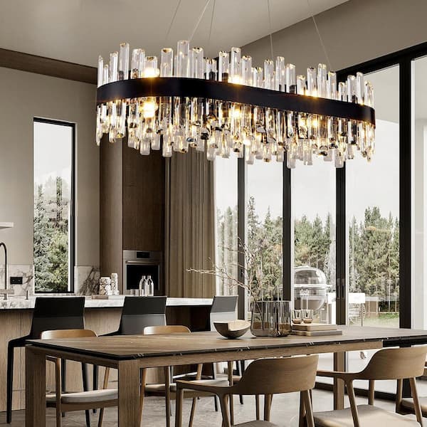 YUYI 35.4 in. 16-Light Black Crystal Chandelier, Modern Rectangular K9 Crystal Hanging Pendant Ceiling Light Fixture