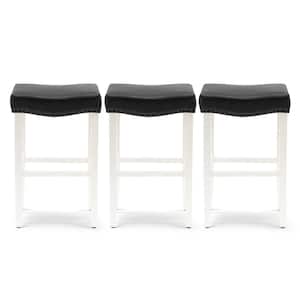 Jameson 29 in Bar Height Antique White Wood Backless Nail Head Barstool with Black Faux Leather Saddle Seat (Set of 3)