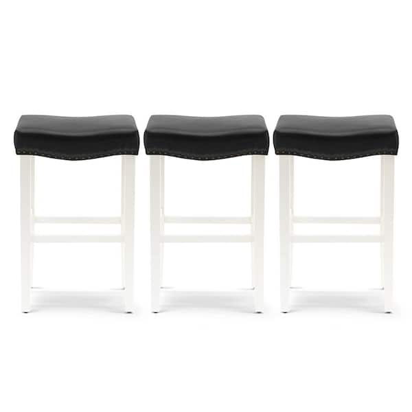 Jameson 29 in Bar Height Antique White Wood Backless Nail Head Barstool with Black Faux Leather Saddle Seat (Set of 3)