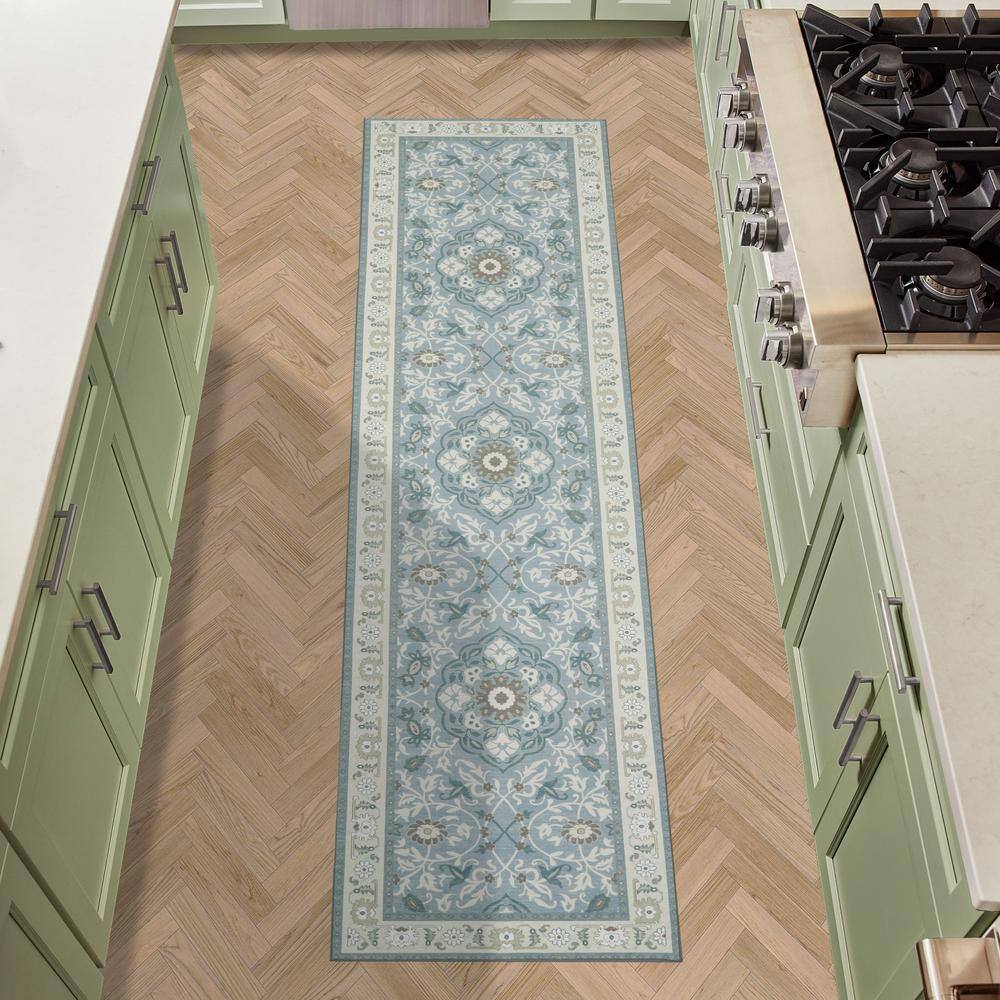 Laura Ashley Aurora Medallion Border Chenille Blue Ivory 2 ft. x 6 ft