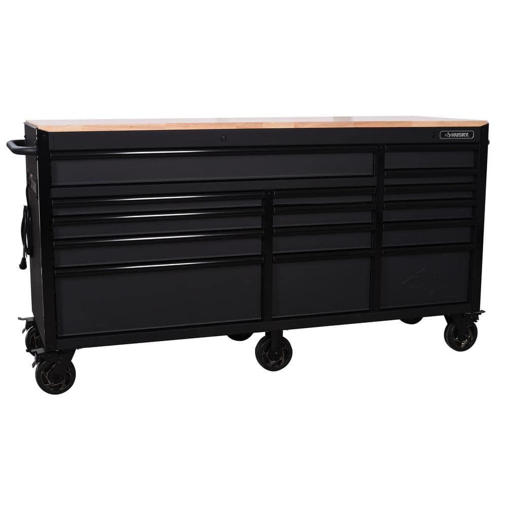 Heavy-Duty 72 in. W x 24 in. D 15-Drawer Matte Black Mobile Workbench Cabinet with Solid Wood Top -  Husky, H72MWC15BLK