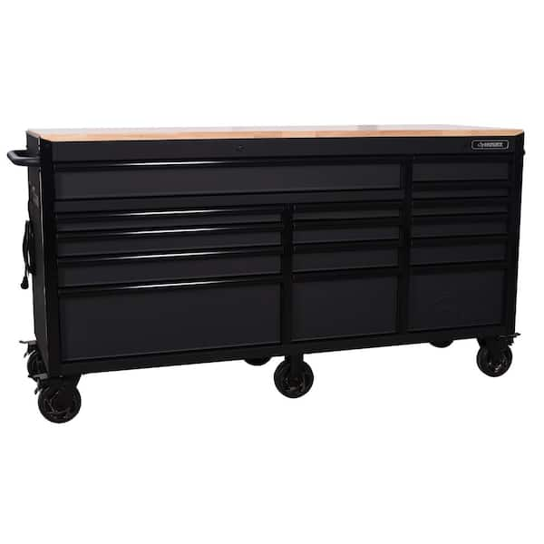 Heavy-Duty 72 in. W x 24 in. D 15-Drawer Matte Black Mobile Workbench Cabinet with Solid Wood Top