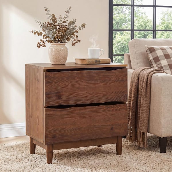 Walnut Solid Wood 2 Drawer 23.62 in. W Nightstand, Rectangle Side Table for Bedroom, Living Room