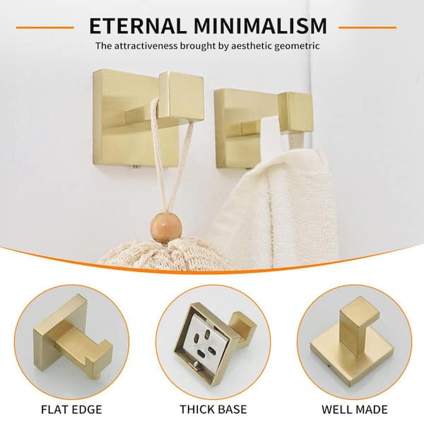 Square J-Hook Bathroom Robe Hook and Towel Hook in Stainless Steel Brushed Gold (2-Pack)