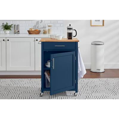 Glenville Small Midnight Blue Kitchen Cart with Butcher Block Top and Locking Wheels (24" W )