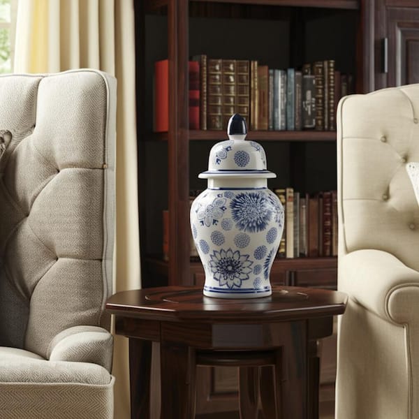 10 in. Blue Chinoiserie Floral Design Temple Jar