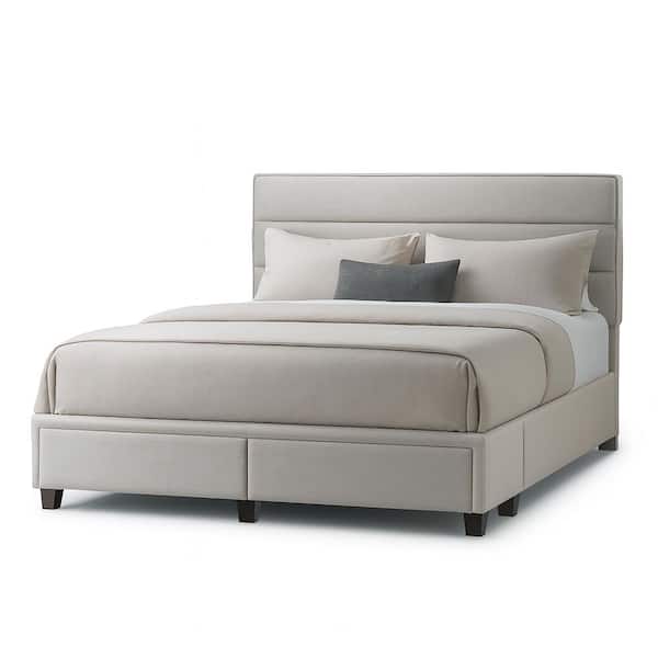 Arnia Beige Fabric King Upholstered Headboard Bed Captain's Bed with 2-Storage Drawers