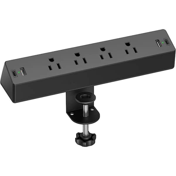 4-Outlet Desktop Clamp Power Strip Surge Protector with 4 USB Ports, 1875-Watt 1080J Desk Mount Charging Station, Black