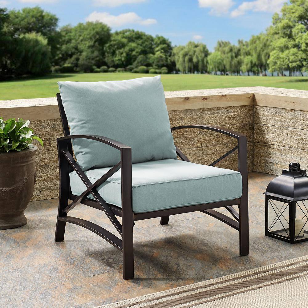 Kaplan Mist Green and Bronze Outdoor Arm Chair with Cushions