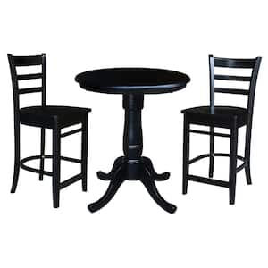 3-Piece 30 in. Black Solid Wood Round Table with 2-Side Stools