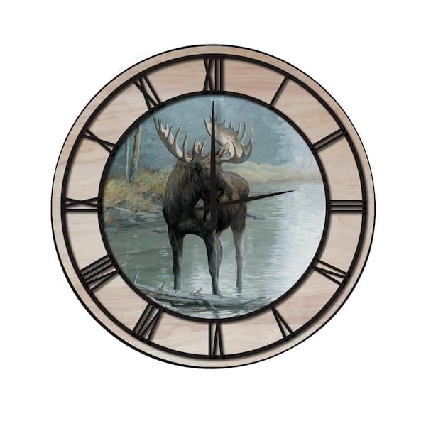 Unbranded "Quiet Water Moose" Woodgrain Accent and Black Numbers Imaged Wall Clock