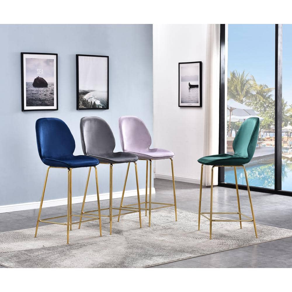 Blue Velvet and Gold Metal Backless Counter Stool, 24"