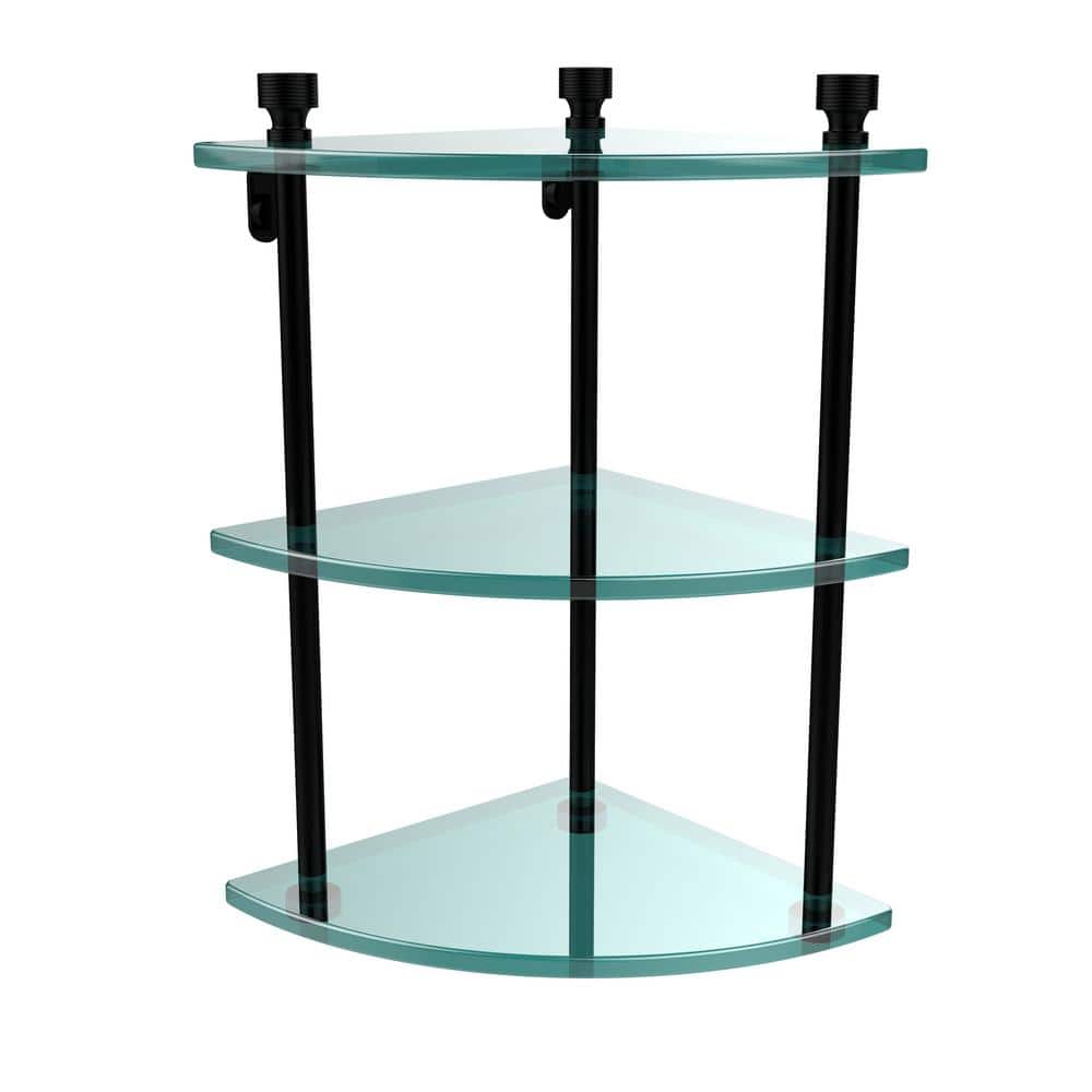 Matte Black Three Tier Corner Glass Wall Shelf