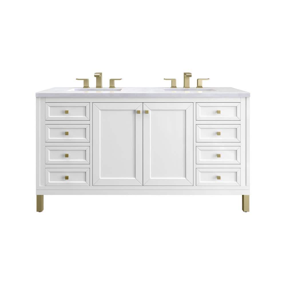 James Martin Vanities Chicago 60.0 in. W x 23.5 in. D x 34 in. H Bathroom Vanity in Glossy White with Arctic Fall Solid Surface Top -  305-V60D-GW-3AF