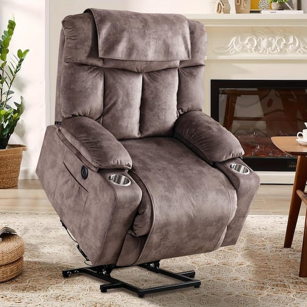 Bestier 36 in. W Brown Microfiber Oversize Power Lift Recliner Chair with 2 Cup Holder and USB and Chair Covers