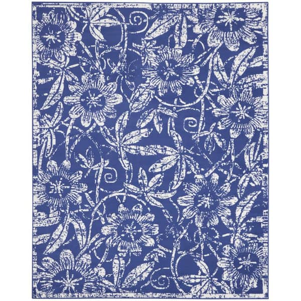 7 ft. x 10 ft. Blue Floral Distressed Non Skid Area Rug