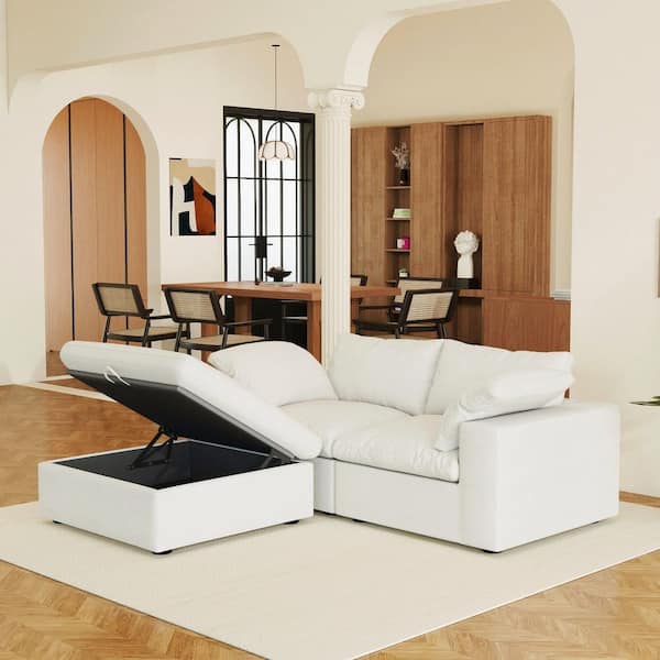 Magic Home 79 in. Deep Seat Square Arm 3-Piece Microfiber Modular Sectional Cloud Couch w/Storage Ottoman for Apartment in White