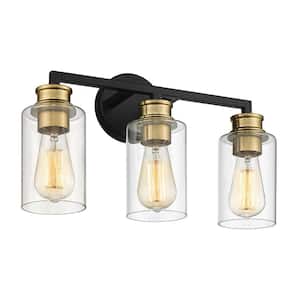 Modern 17 in. 3 Light Black and Gold Bedroom Vanity Light Wall Sconce Light with Clear Glass Shade