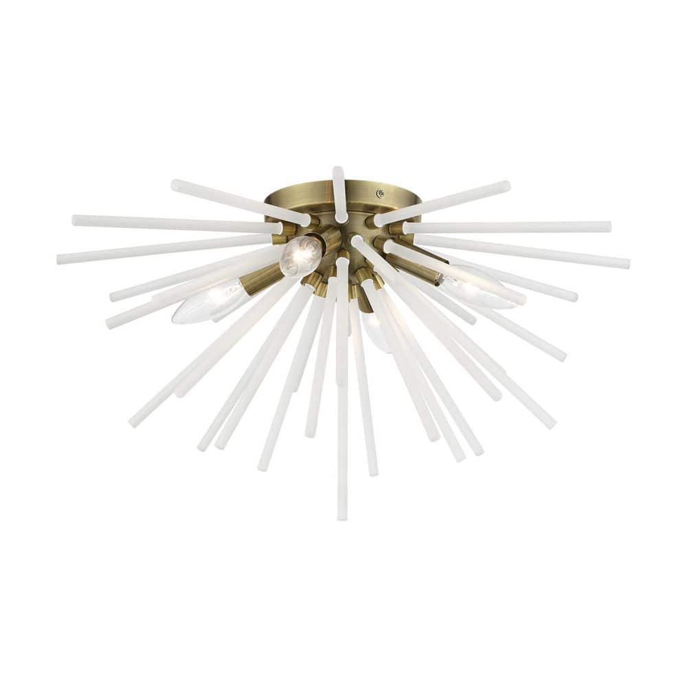 Elegant Uptown Antique Brass 4-Light Flush Mount with Acid Etched Rods