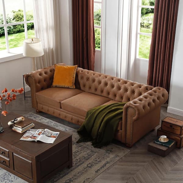 Harper & Bright Designs 88.5 in Wide Rolled Arm Bronze Nails Decoration Faux Leather Mid-Century Modern Tufted Rectangle Sofa in Brown