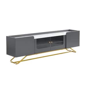 63.07 in. Gray Faux Marble Top TV Stand Fits TVs up to 70 in. with Fluted Glass and Gold Frame Base
