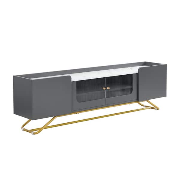 Nestfair 63.07 in. Gray Faux Marble Top TV Stand Fits TVs up to 70 in. with Fluted Glass and Gold Frame Base