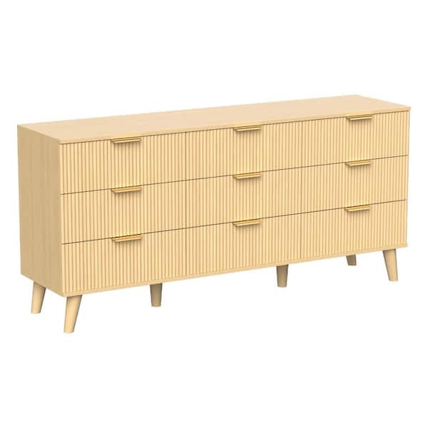 Natural 9 drawer 63 in. Wide Chest of Drawers with Fluted Wood Design, Particle Board durable construction