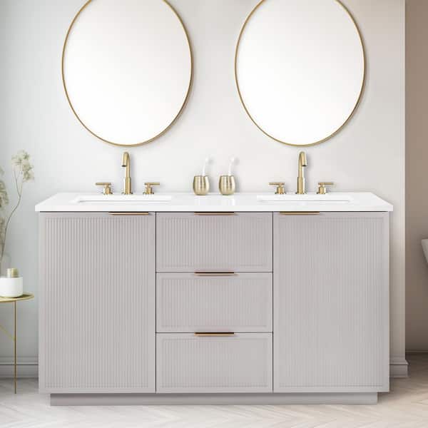 SUDIO Addison 60 in. W x 22 in. D x 34 in. H Bath Vanity in Taupe with Engineered Stone Top in Ariston White with White Sinks