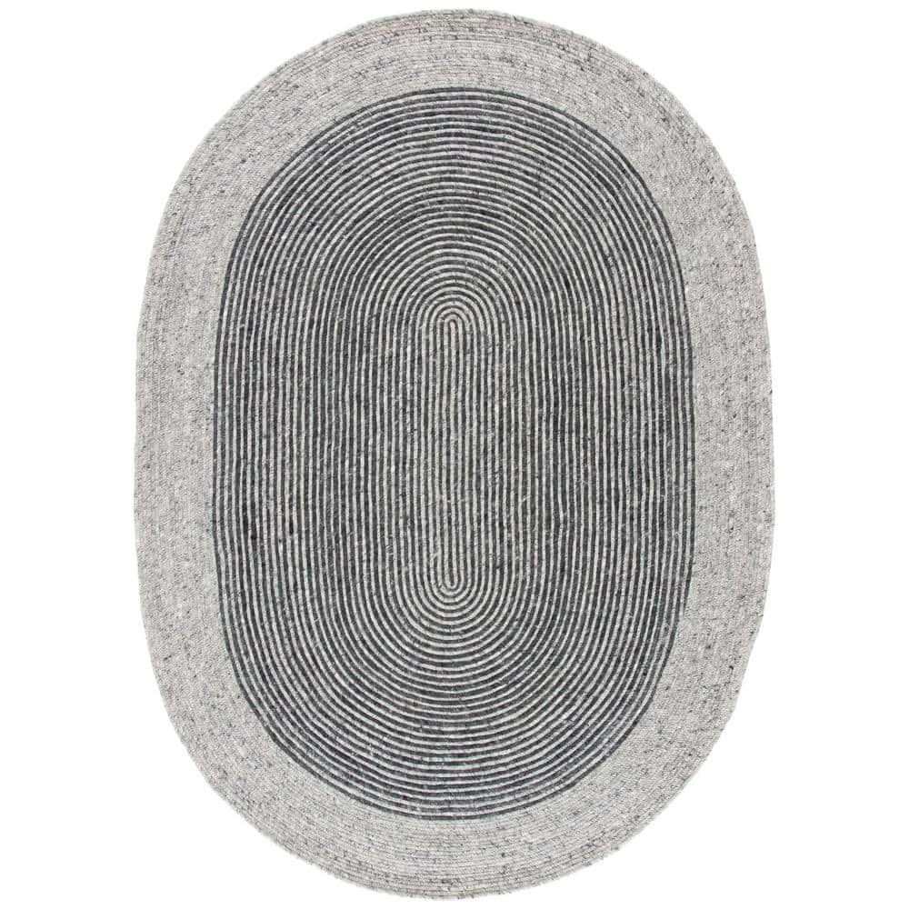 Gray and Black Oval Braided Wool Area Rug 6' x 9'