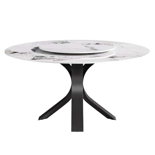 Magic Home 53.1 in. Pandora Rotable Lazy Susan Sintered Round Stone Tabletop Gold Pedestal Base Kitchen Dining Table (Seats-6)