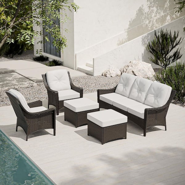 Brown 8-Piece Wicker Patio Conversation Set with Lounge Chairs, Outdoor Sofa Seating Set with Olefin Beige Cushions