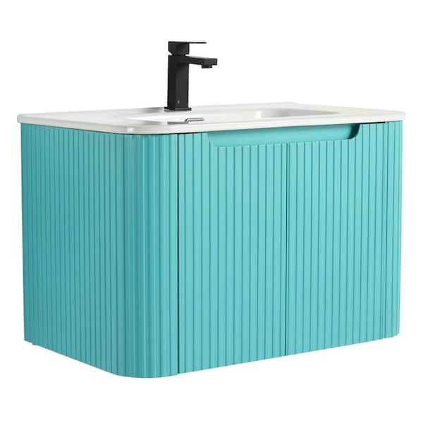 Fine Fixtures Caskvalley 30 in. Floating Bath Vanity in Tiffany Blue with White Ceramic Sink Top Assembled