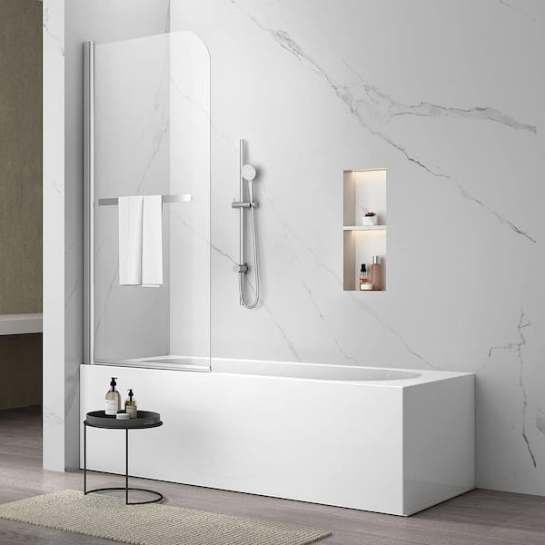 Sunrosa 34 in. W x 58 in. H Pivot Frameless Tub Door in Chrome with 1/4 in. (6mm) Clear Glass