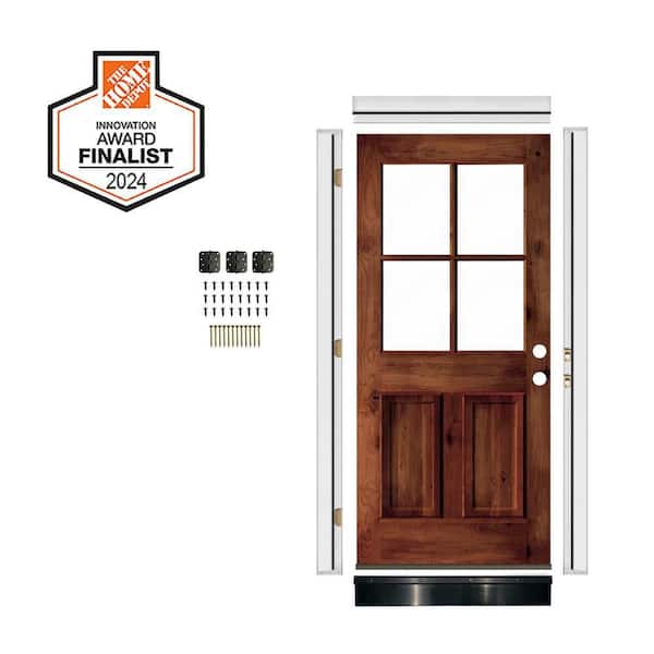 36 in. x 80 in. Left-Hand 4 Lite Clear Glass Red Chestnut Stain Alder Wood Front Door Kit w/ Quick Assemble Jamb