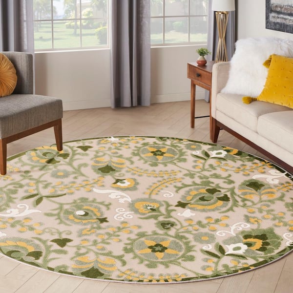 Aloha Ivory Green 8 ft. x 8 ft. Floral Contemporary Indoor/Outdoor Round Area Rug