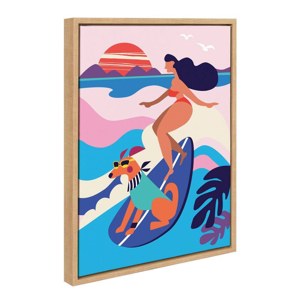 18" x 24" Natural Framed Canvas Surfing Dog Print