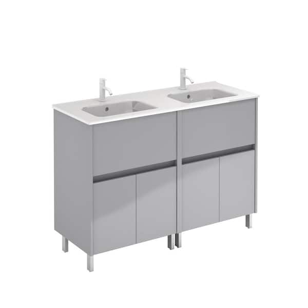 ROYO Band 48 in. W x 18 in. D x 34 in. H Vanity in Gloss Galet with Drawers and Doors, White Basin