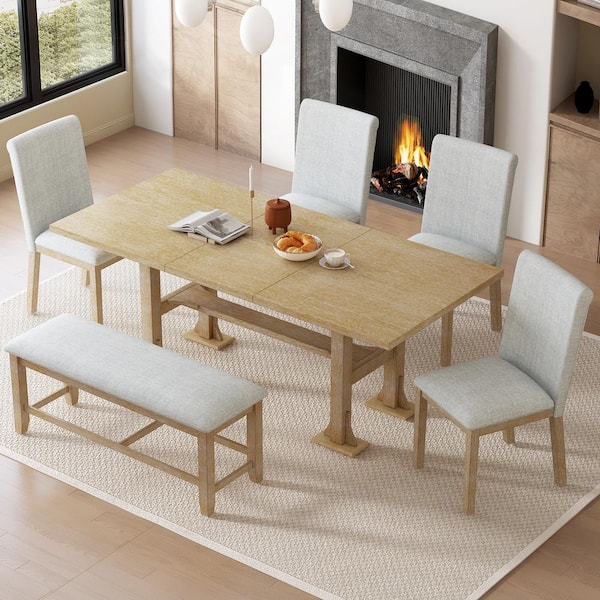 Harper & Bright Designs 6-Piece Natural Wood Top Extendable Dining Set with 4-Upholstered Chairs and 1-Light Gray Bench