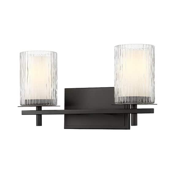 Unbranded Grayson 16 in. 2-Light Matte Black Vanity Light with Clear Etched Opal Glass Shade with No Bulbs Included