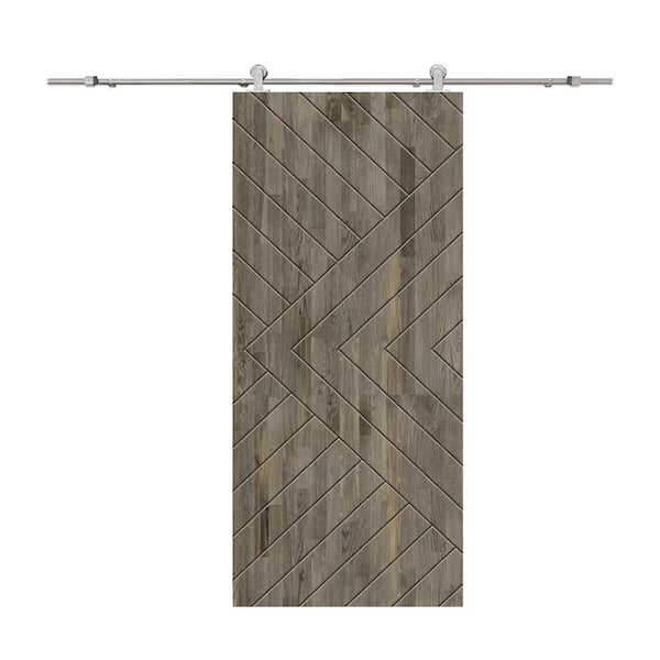CALHOME Chevron Arrow 28 in. x 80 in. Fully Assembled Weather Gray Stained Wood Modern Sliding Barn Door with Hardware Kit
