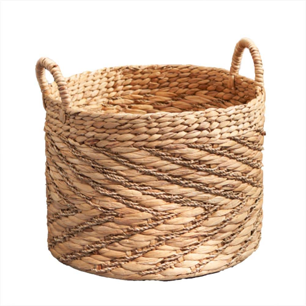 15 in. Round Water Hyacinth Seagrass Woven Basket with Handles in Light Bro