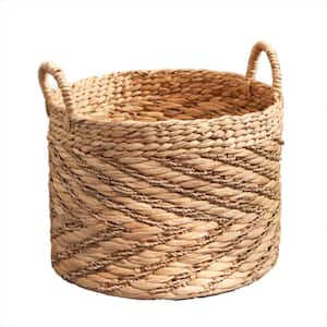 15 in. Round Water Hyacinth Seagrass Woven Basket with Handles in Light Brown