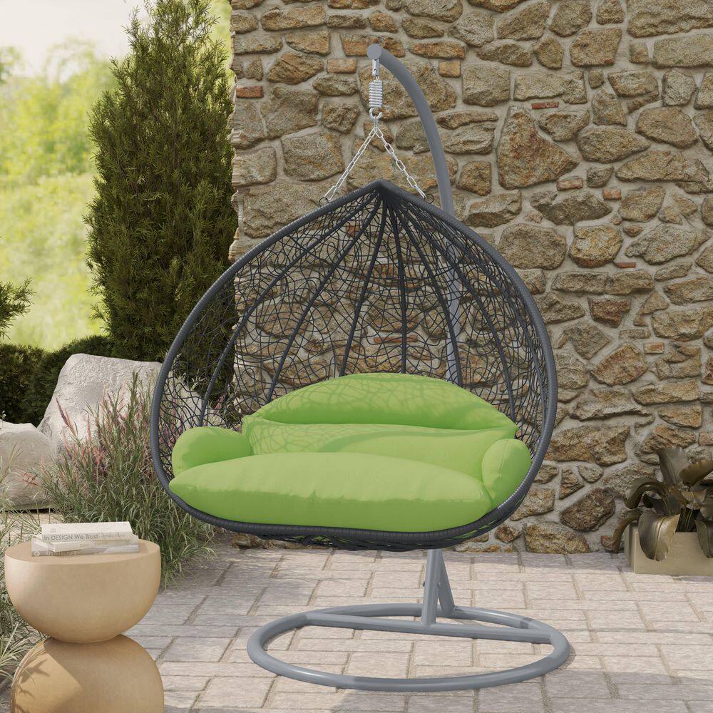 2-Person Egg Swing Chair in Grey Stainless Steel Porch Swing with Stand for Outdoor and Indoor in Light Green