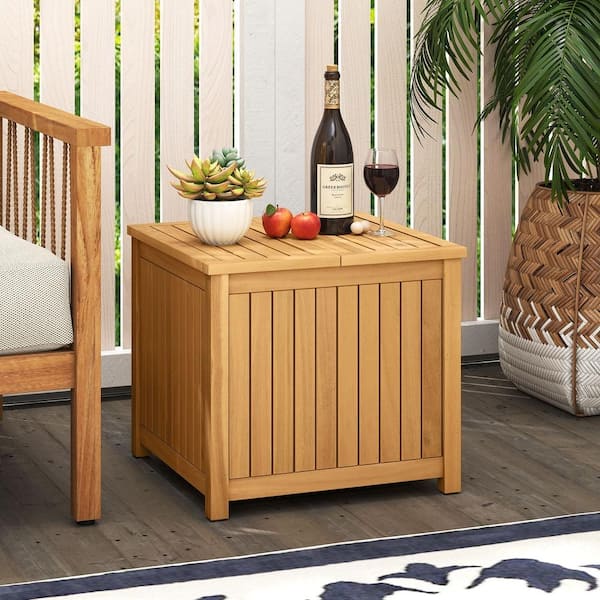 SKONYON 2-in-1 Outdoor Side Table with Storage Acacia Wood Slatted