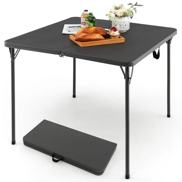 Costway Grey Square Metal Folding Outdoor Picnic Dining Table HDPE Camping Table Portable with Handle