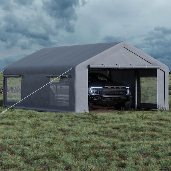 Heavy Duty 12x20 ft Portable Carport Garage, 2 Roll-Up Doors, 4 Windows for Cars, Boats, Pickups Event Use