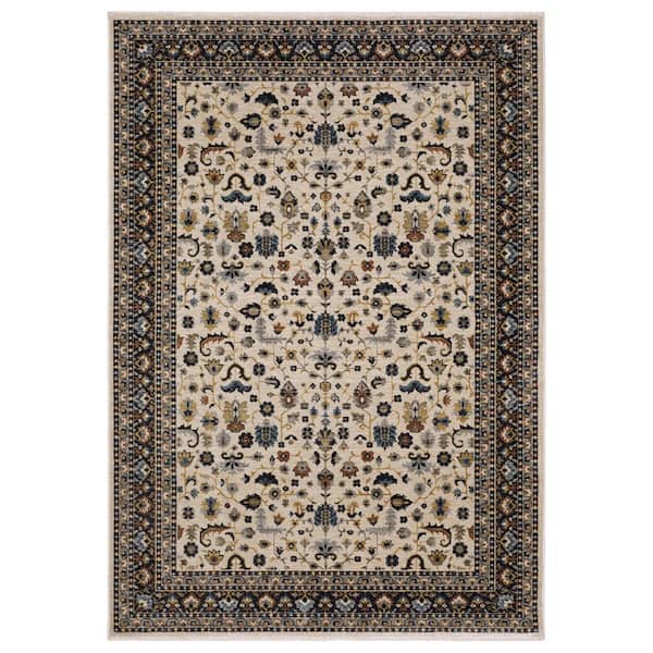Elanor Beige/Multi 10 ft. x 13 ft. Oriental Floral Polyester Fringe-Edge Indoor Area Rug
