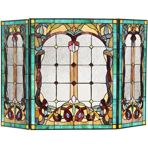 Multi Color Glass 3-Panel 44 in. Folding Fireplace Screen with Doors perfect for showcasing glowing flames,