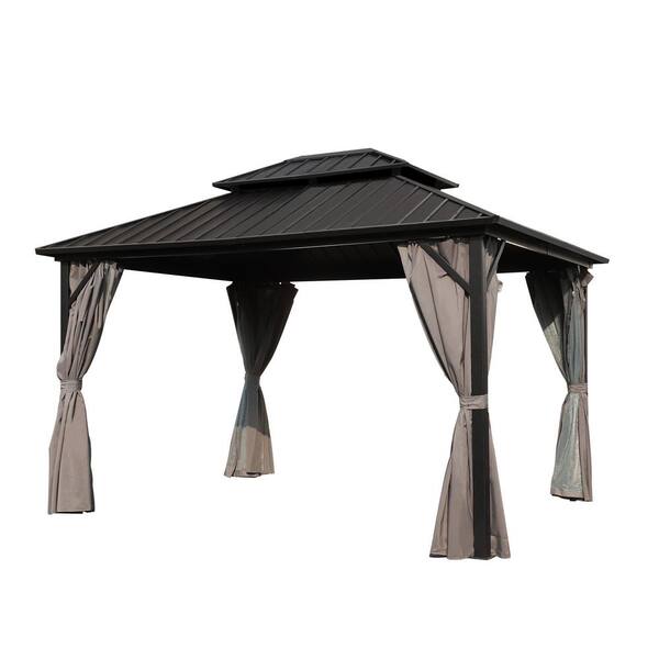 VEIKOUS 16 ft. x 12 ft. Aluminum Double Hardtop Gazebo with Gray ...